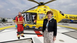 North West Air Ambulance HEMS Paramedic Ben and MFT Chairman Kathy Cowell on MFT’s helipad 