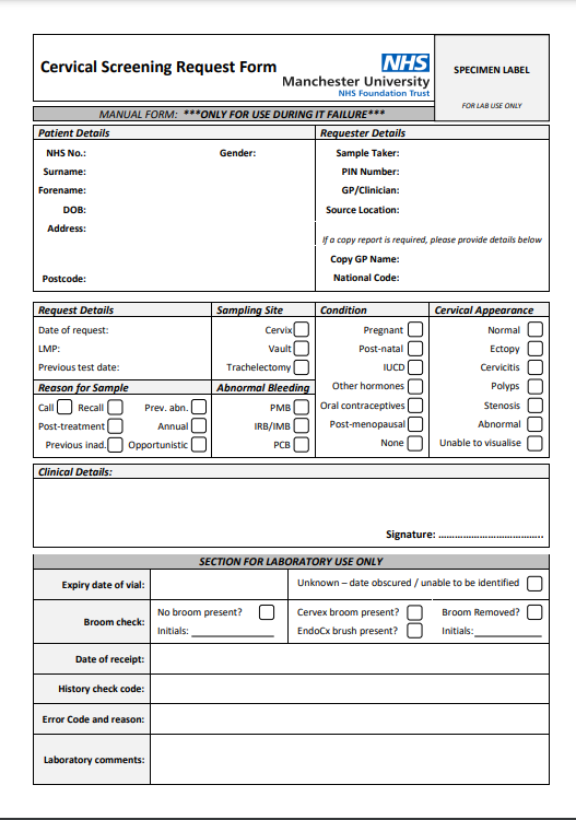Image of a Cervical Screening Request Form