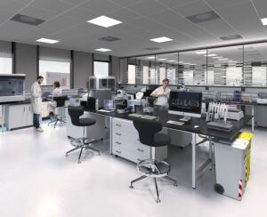 CGI image of research lab with researchers in white coats