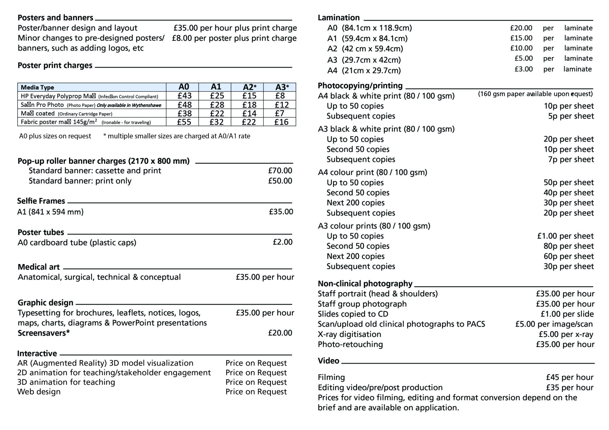 Clinical Photography & Medical Illustration Price List Manchester