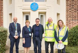 Mark Foden (Associate Director of Sustainability), Kathy Cowell OBE, Andy Burnham, Jonathan Kershaw and Lucinda Walker-Tully (Dalkia Project Manager) outside Trafford General Hospital