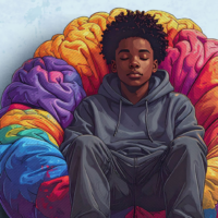 Cartoon of a boy sitting on a brain