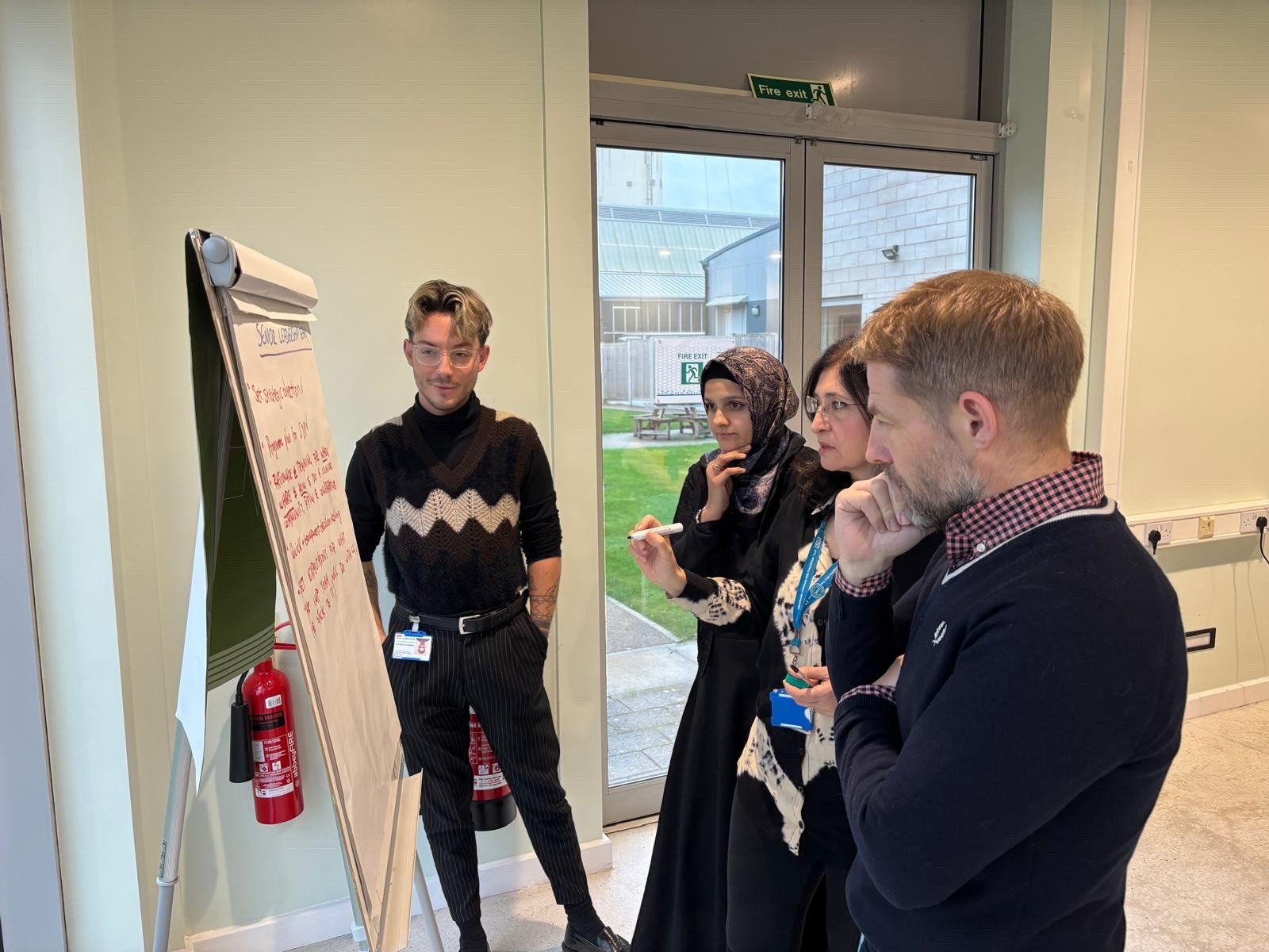 Group of people working together around a flip chart