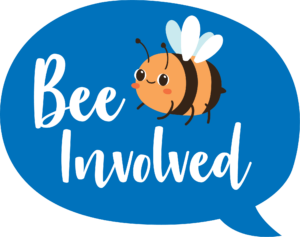 Blue speech bubble with a bee inside and words 'bee involved'