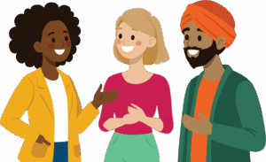 Cartoon of three people talking and smiling