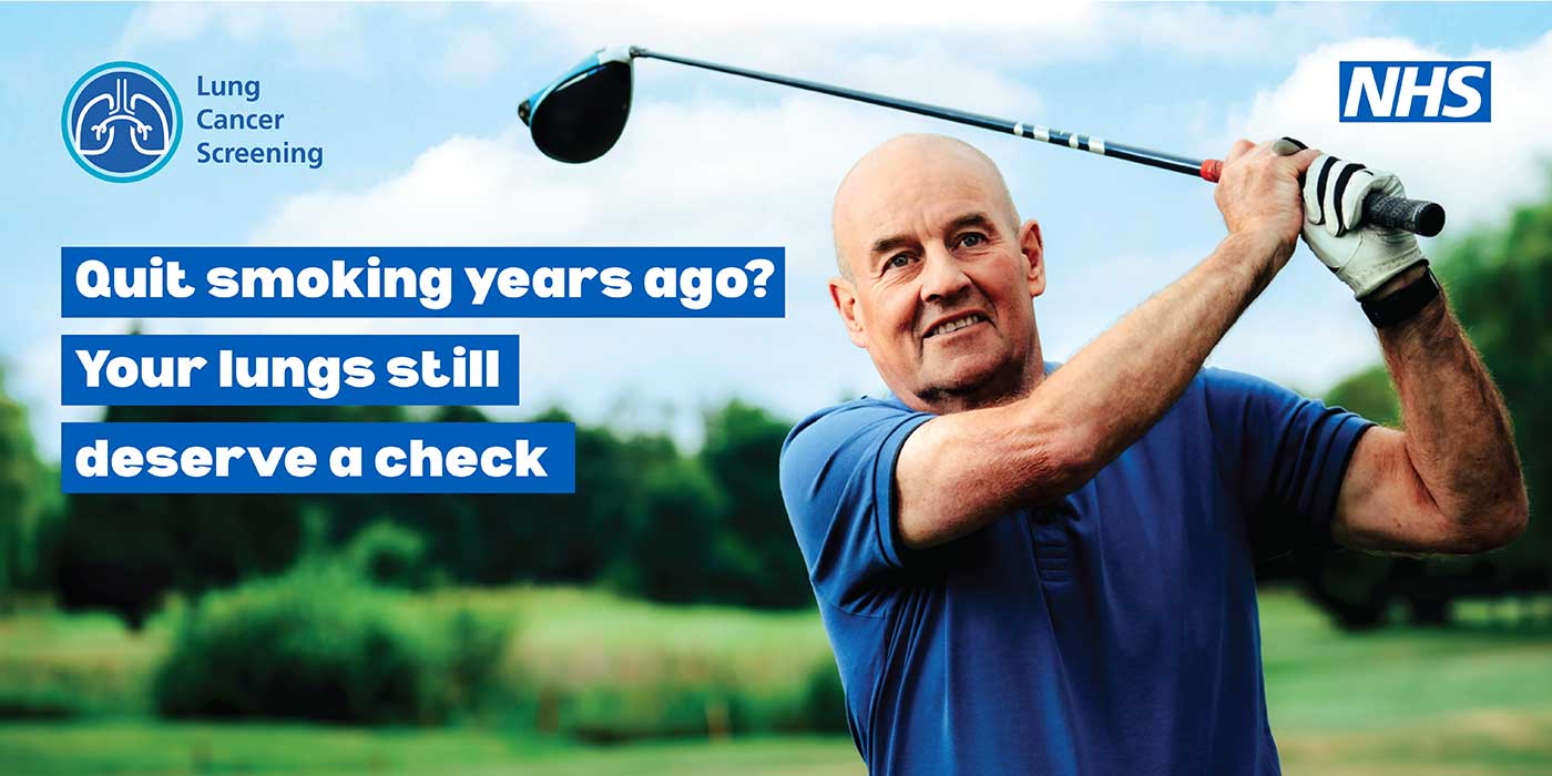 golf-advert Older man holding a golf club having just played a shot. Tagline says: Quit smoking years ago? Your lungs still deserve a check.