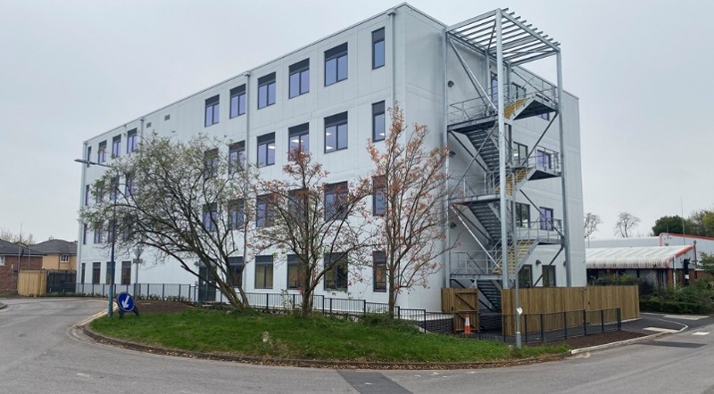 Large white building.