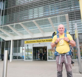 Titanic trek for charity; Cumbrian man stops by the Manchester hospital that saved his vision as he walks the length of Great Britain.