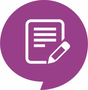 Graphic of a letter and pencil in a purple bubble