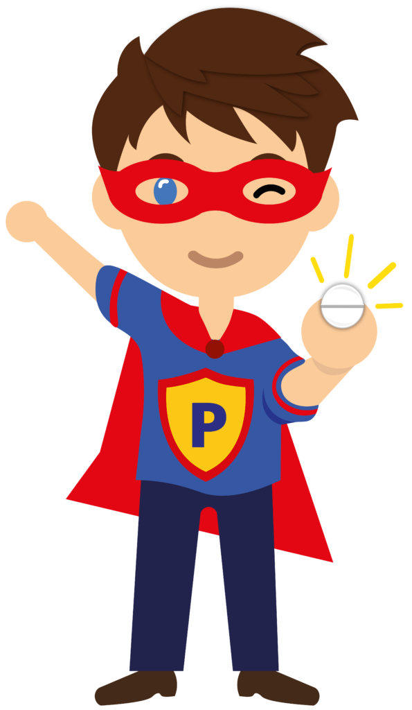 Pill School hero elements-04 (002) Cartoon hero holding a pill.