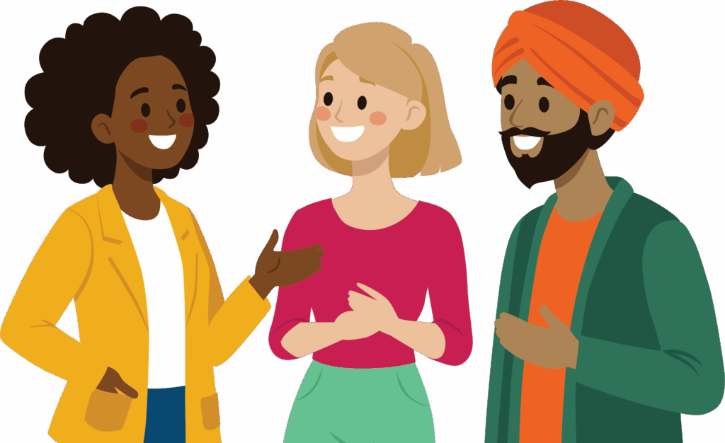 Cartoon of three people talking and smiling